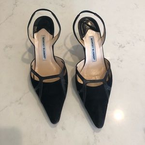 Manolo Blahnik Black Suede sling back pumps